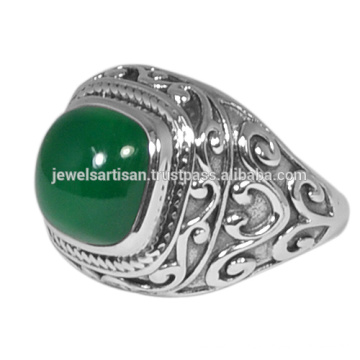 Lovely Green Onyx Natural Gemstone com 925 Sterling Silver Antique Style Wedding Ring Joalheria